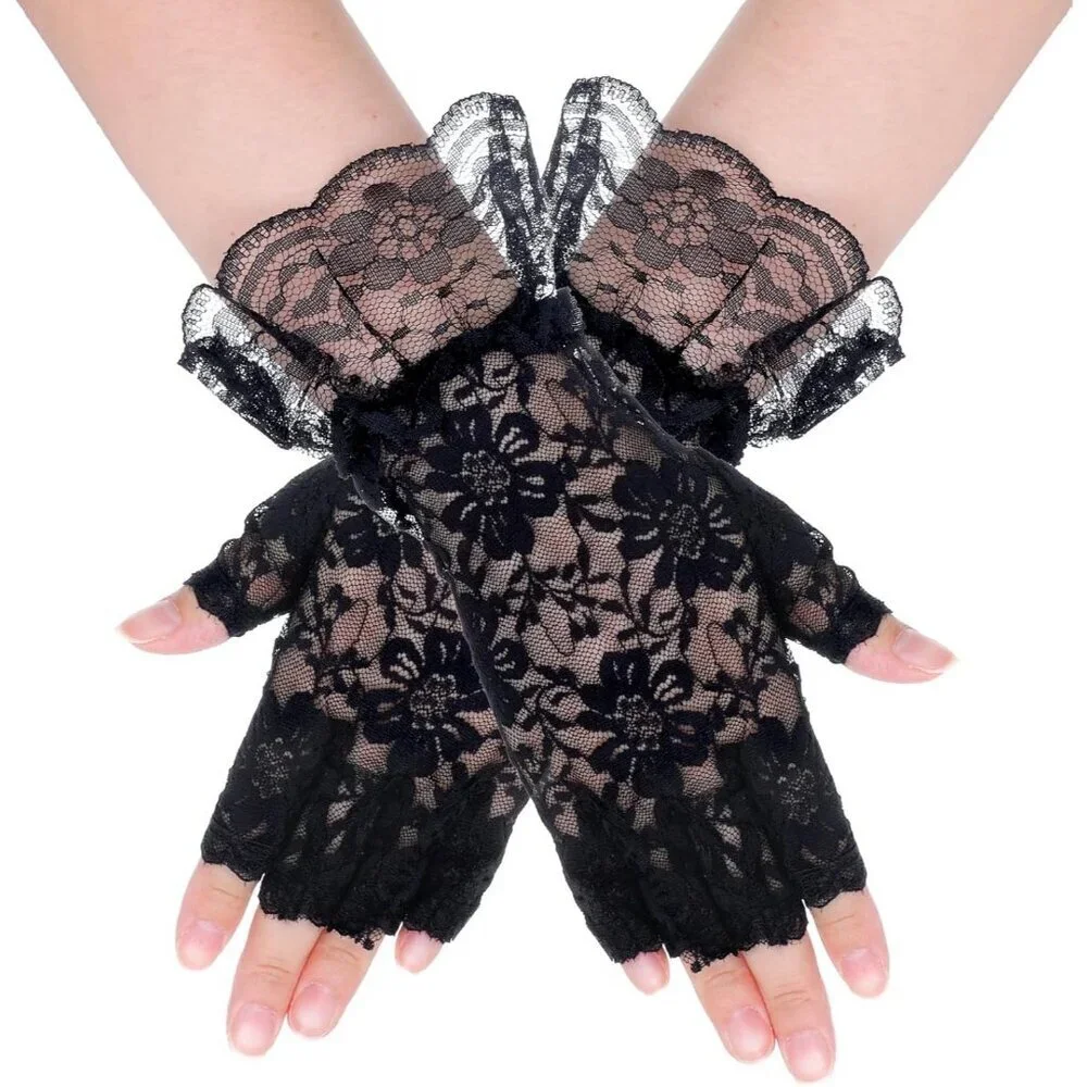 Women's Evening Black Gloves Fingerless Floral Short Lace Party Prom Design